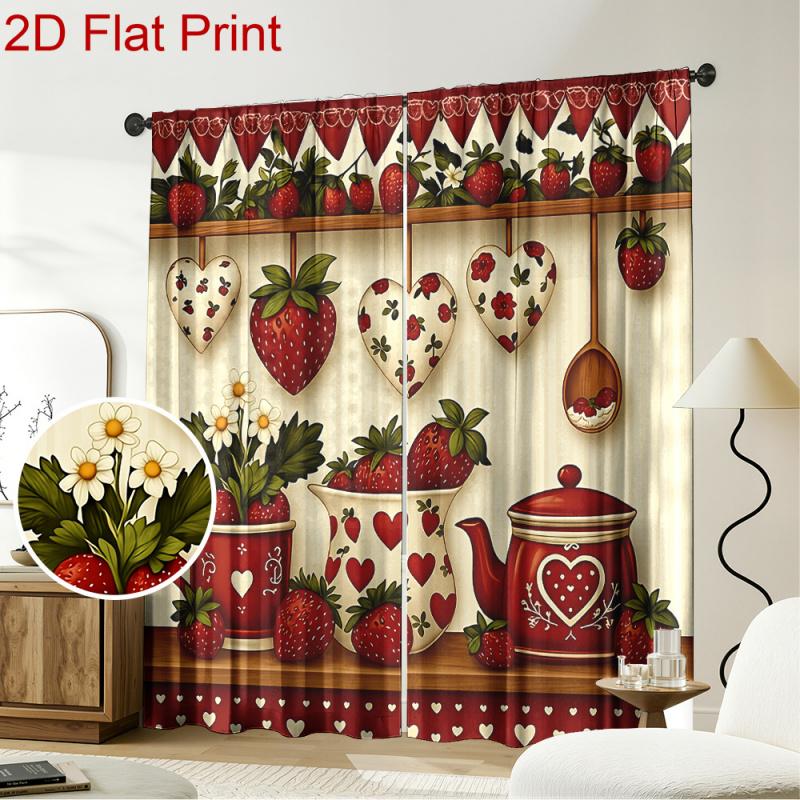 VIKAMA 1/2Pcs Strawberry Blackout Rod Pocket Curtain, Heart Leaves Print Polyester For Living Room Kitchen Bedroom