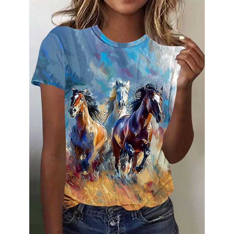 Summer Comfortable Soft Short Sleeved T-shirt Colorful Horse Riding Pattern Print Fashionable Relaxed Women's T-shirt