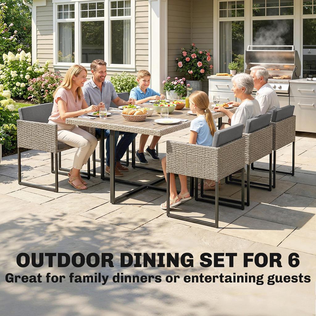 7 Piece Rattan Garden Furniture Set, Garden Dining Set with Wood-Plastic Table and 6 Stackable Chairs, Light Grey