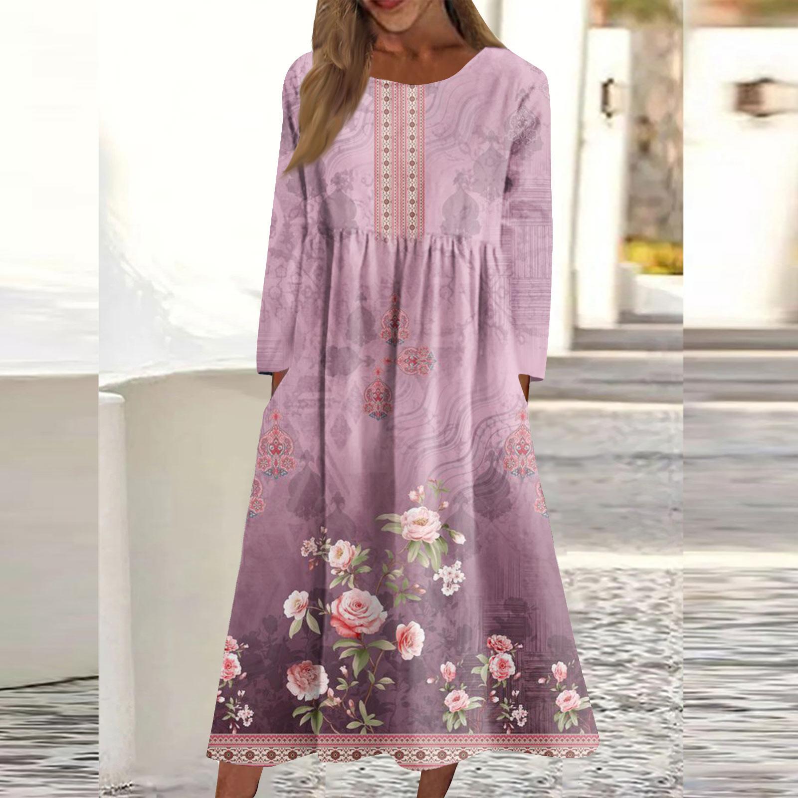 Женское повседневное платье средней длины с круглым вырезом и принтом — фото 8