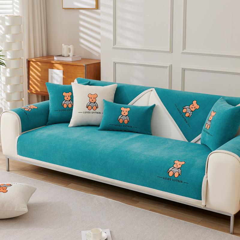 Cartoon Embroidered Sofa Cushion, Universal In All Seasons, Non-Slip Snow Neil Cover Cloth Towel, Simple Modern Sofa Cover, Seat Cushion