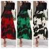 Women's Round Neck Long Sleeve Maxi Dress Slim Fit Mid Waist Color Block Floral Print Elegant Casual Dress