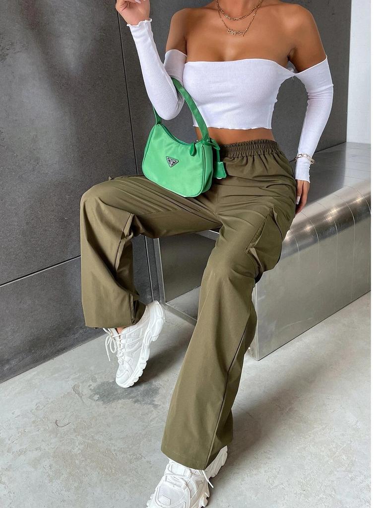 2024 Elastic Waist Women's Cargo Pants - Solid Color, Spring/Summer Fashion, Flap Pockets, In Stock