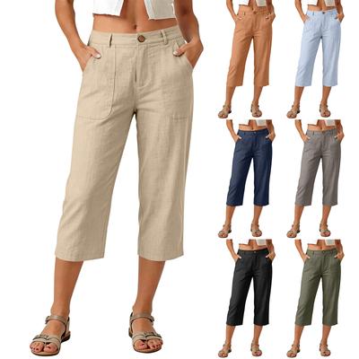 Women Elastic High Waist 3/4 Pant Casual Fit Wide Capris Leg Pants Trousers With Pockets