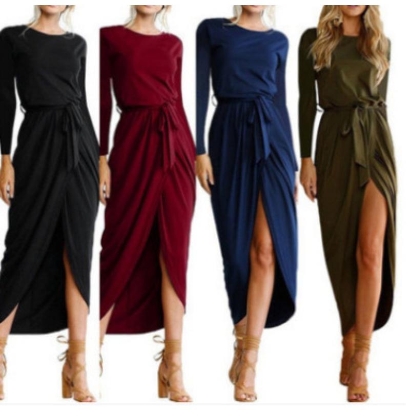 eBay solid color anti-sleeve flat long-sleeved crew neck irregular dress color