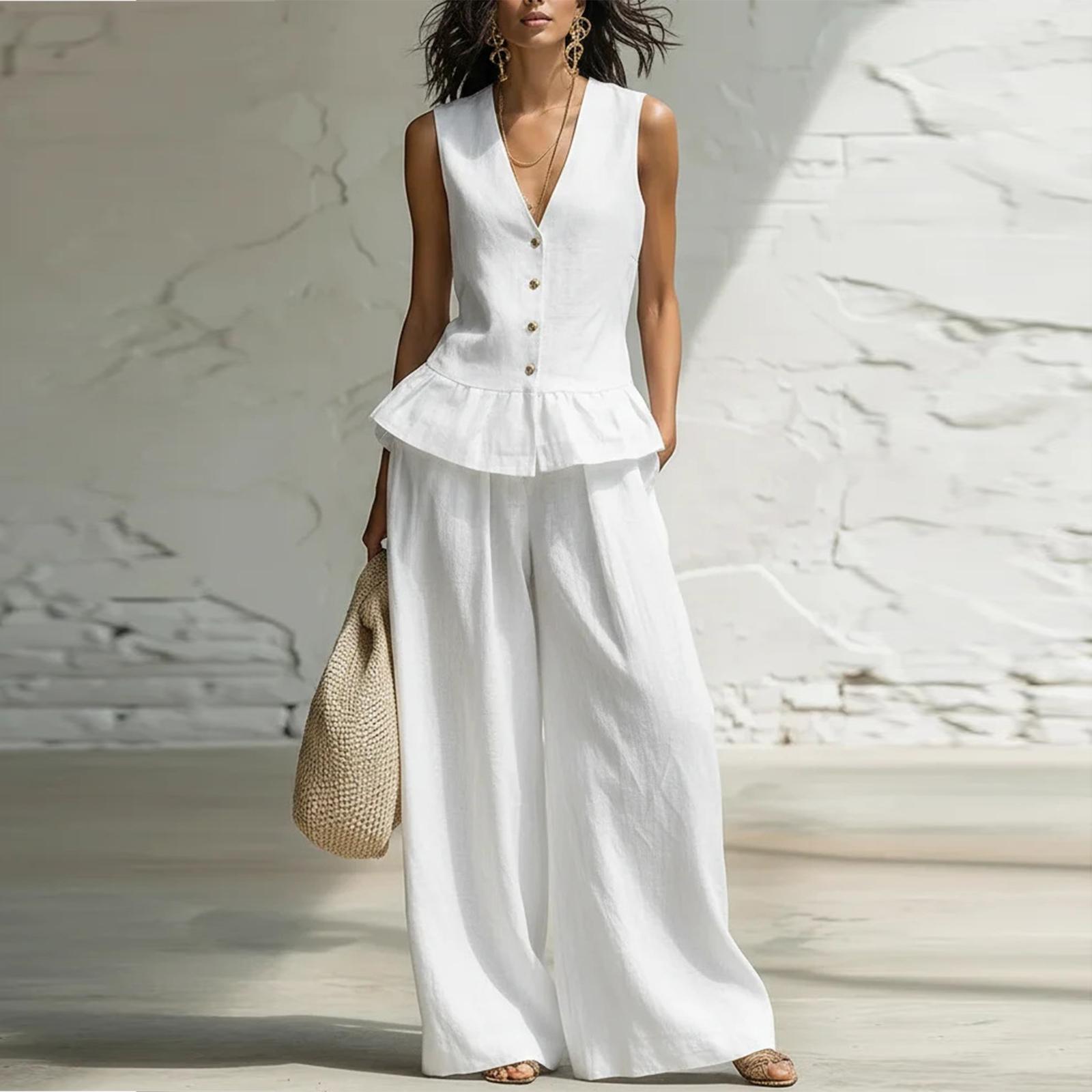 

Women s Fashion Color Sleeveless Cotton Hemp V Neck Sleeveless Top With Elastic Waist Pocket Casual Pants Two Piece Set XL білий