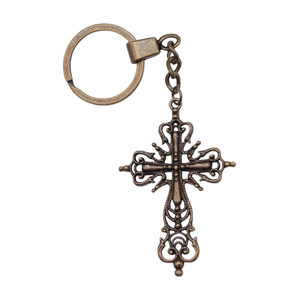Gothic Floral Cross Keychain Religious Theme Pendant Key Ring 30mm Ring