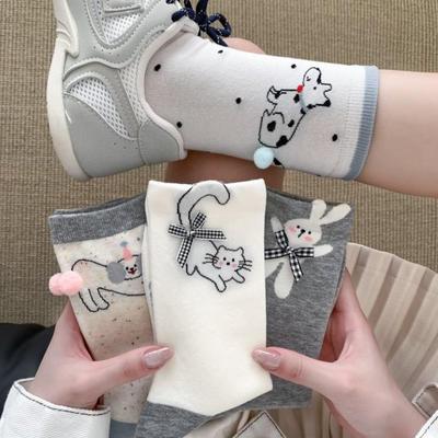 Chaussettes Mi-Mollet Coton Froncé Animal Dessin Animé Style Coréen 3D Nœud Papillon