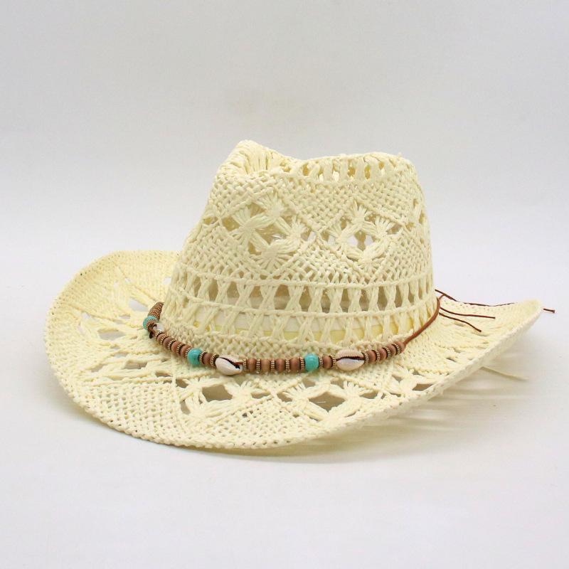Cooler Amerikanischer Küsten-Warped-Edge-Außenhandel-Jazz-Zylinderhut Frühling und Sommer Neu Hohl Cowboyhut Handgewebter Atmungsaktiver Strohhut