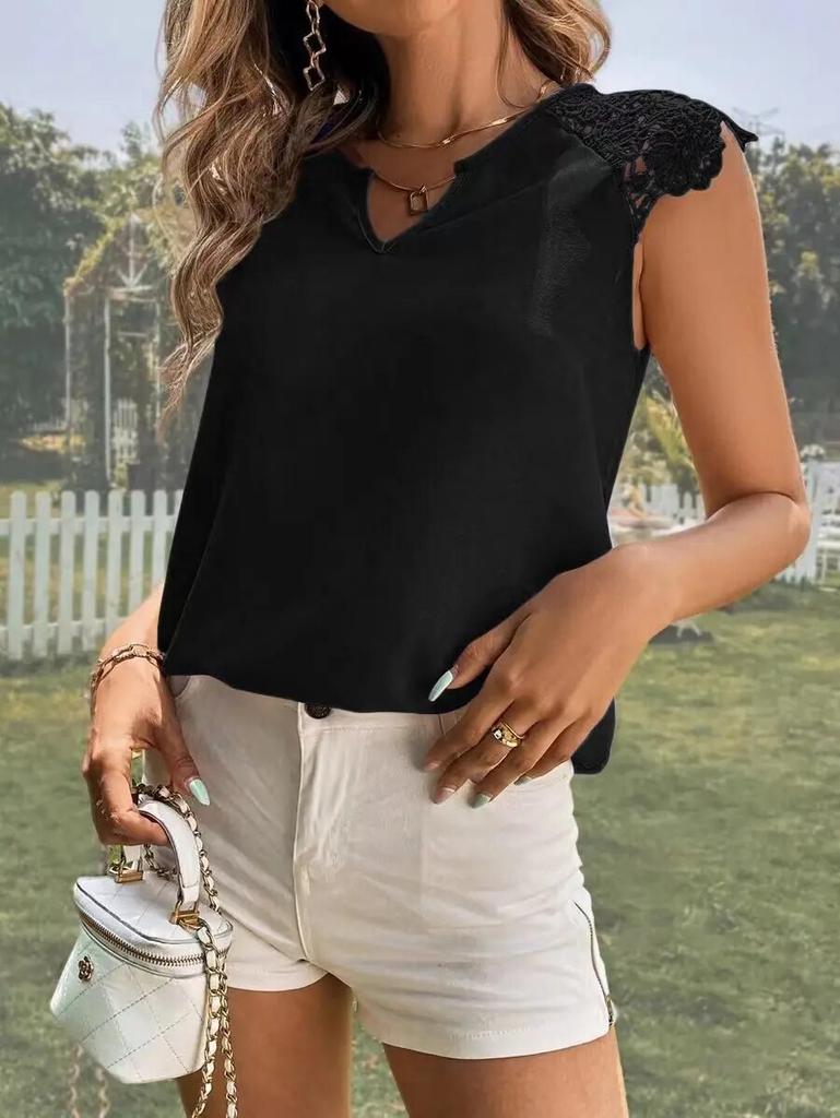 2023  V-neck Patchwork Lace Sleeve Blouse Women Fashion Casual Vest Tops Woman Hollow Out Loose Simple Ladies Shirts 30611