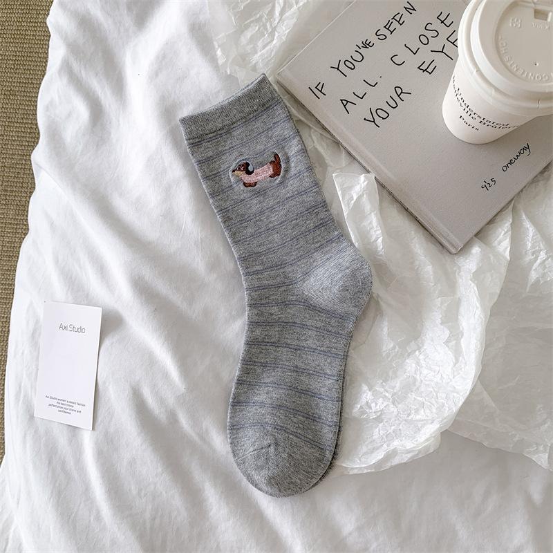 Embroidered Dachshund Dog Medium Thin Cotton Socks Pinstripe Dachshund Dog Basic Versatile Cotton Socks Style