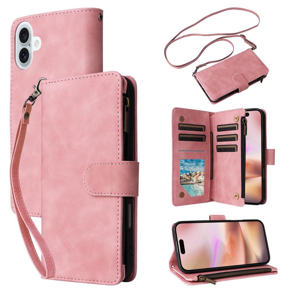 For iPhone 16 Plus Case Zipper Pocket PU Leather Wallet Phone Stand Cover with Strap