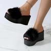 Fashion Aphixta Platform Real Rabbit Fur Slippers Women Black Wedge Slides 9CM High Heels Women Shoes Wedge Slippers Retro Slides Shoes