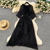Spring Autumn Woman Dress New Flower Round Ne Seven-Quarter Sleeve Waist-Cinching Pleated Dresses for  Women Slimming Gown