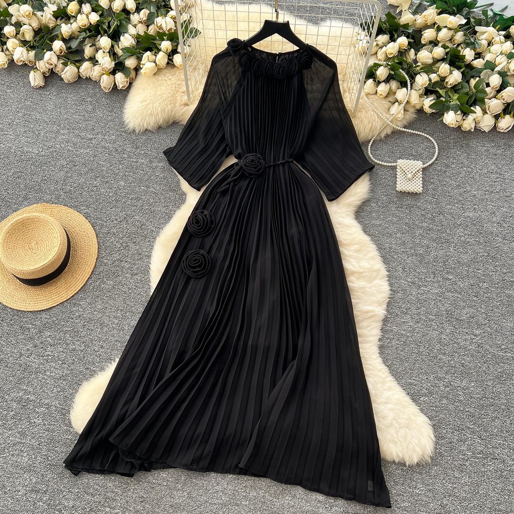 Spring Autumn Woman Dress New Flower Round Ne Seven-Quarter Sleeve Waist-Cinching Pleated Dresses for  Women Slimming Gown
