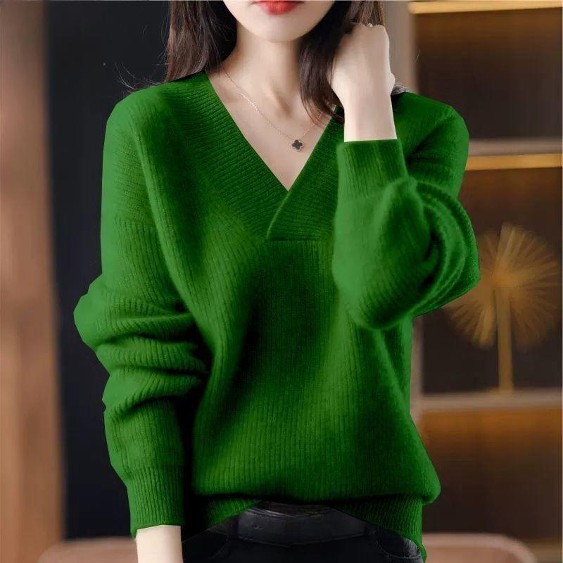 TIFICY Women's Fashion Casual Fall Winter Solid Color Print Long Sleeve V-Neck Sweaters