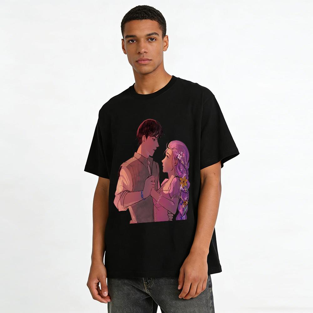 Tangled Princess Rapunzel & Flynn Rider Print T-Shirt Couple Casual Loose Fit Top For Men Women Pure cotton T-shirt