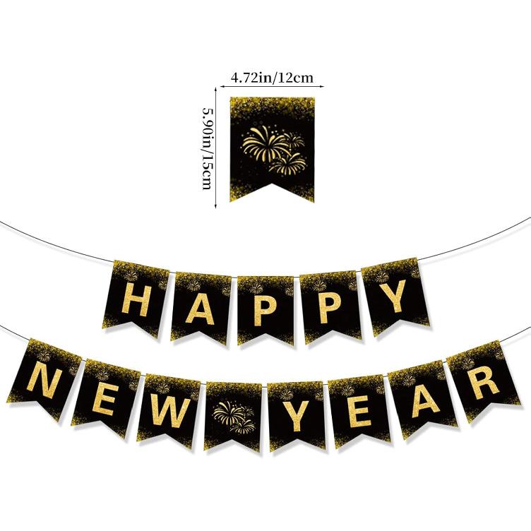 2026 Happy New Year Banner, Black and Gold Party Decorations New Year's Day Gala Party Decorations and Hanging Ornaments
