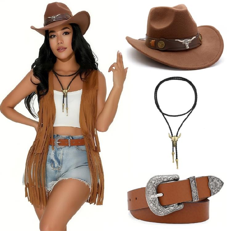 Abiti Western Accessori Costume da Cowgirl Occidentale Cappelli da Cowgirl Cintura Collana per Costume Cosplay di Halloween per Adulti