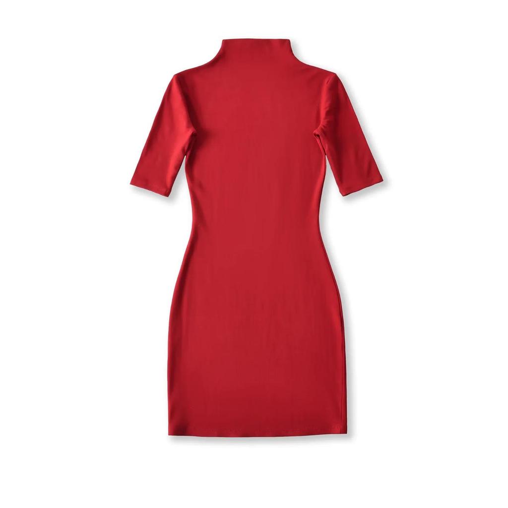 Pure Desire High Neck Slim Fit Mid-Sleeve Dress for Women – Waist-Cinched Hip-Hugging Skirt