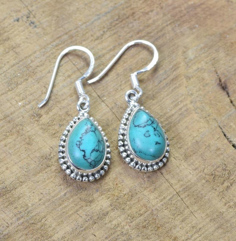 Solid 925 Sterling Silver Blue Copper Turquoise Pear Gemstone Handmade Designer Women Dangle Earrings