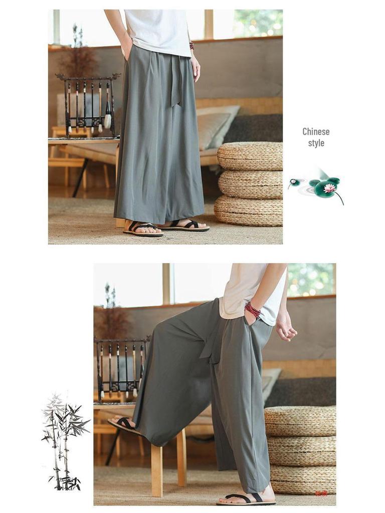 Men's Wide-Leg Ice Silk Culottes - Chinese Style Hanfu Tang Suit Meditation Skirt Pants