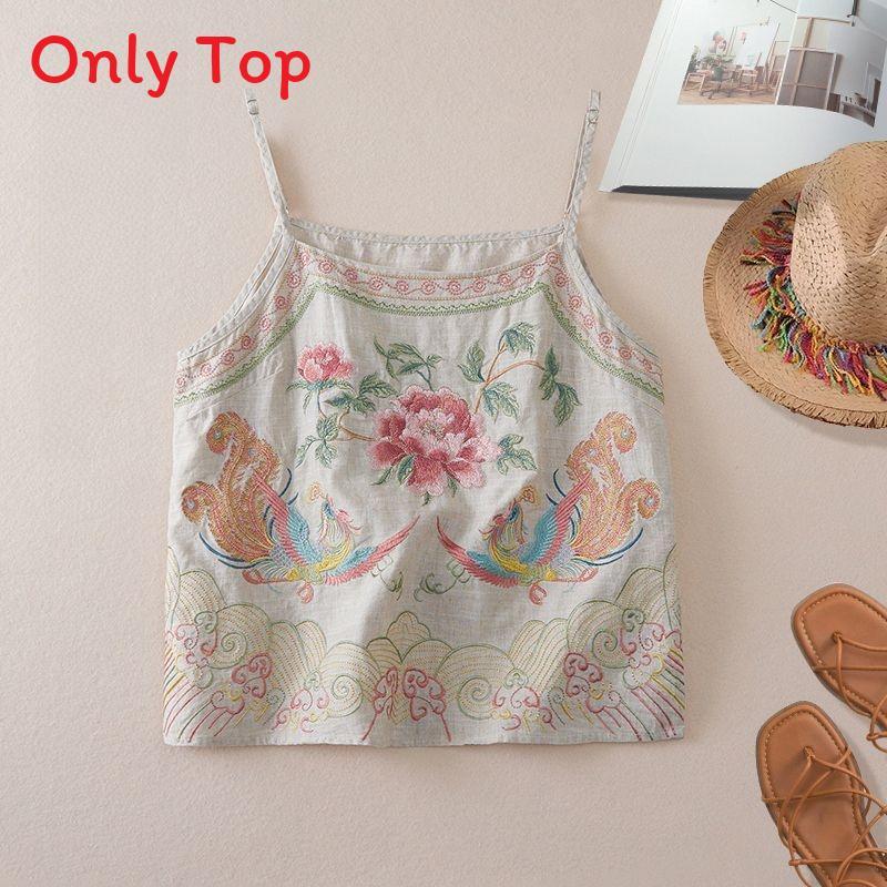 Cotton Linen Embroidered Vintage Sleeveless Tank Top For Women Summer Casual Wear