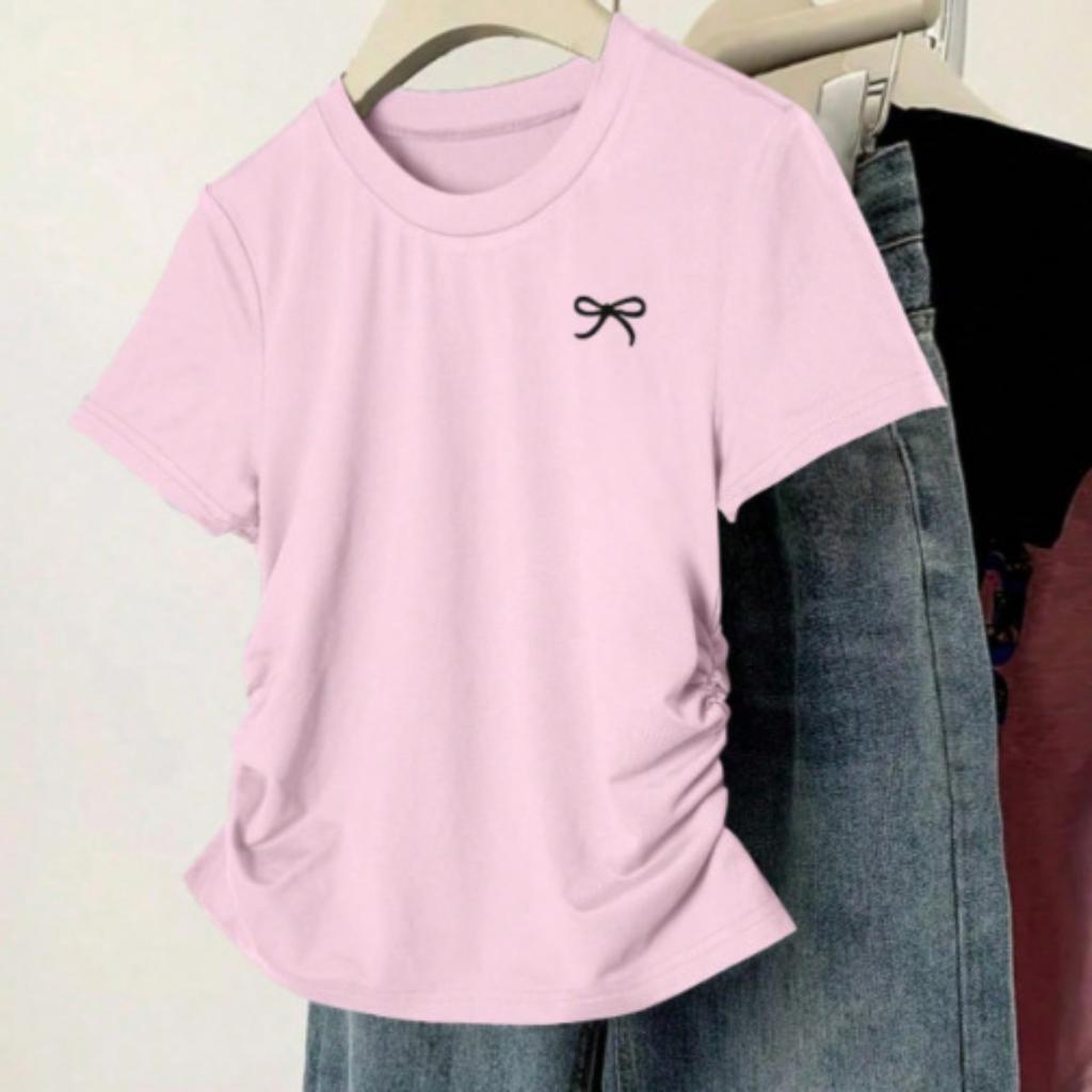 Nueva Camiseta de Verano de Manga Corta con Hombro Descubierto, Versátil Versión Coreana Ajustada Talla Grande Top Ligeramente Gordito con Ceñido a la Cintura y Efecto Adelgazante