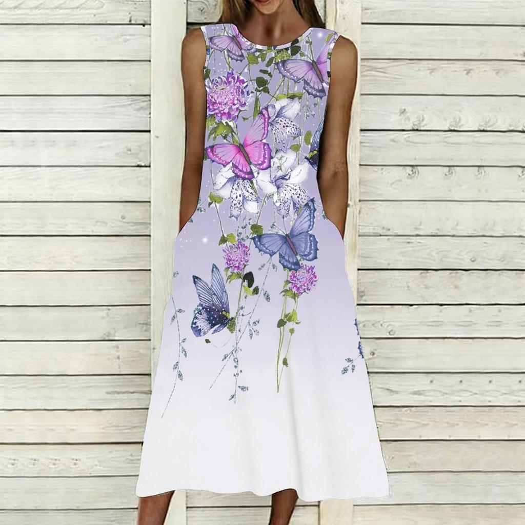 Oversized Female Sleeveless Crew Neck Dress Gentle Watercolor Flower Cluster Loose Midi Dress