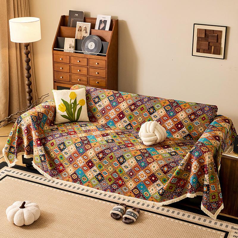 Jacquard Cotton Linen Sofa Towel Ethnic Style Thicken Settee Cloth Retro Style Living Room Dust Cover Multi Functional Blanket