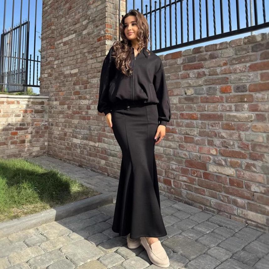 2024 Autumn Casual Solid Color Slim Fit Sweatshirt & Fishtail Skirt Two-Piece Set