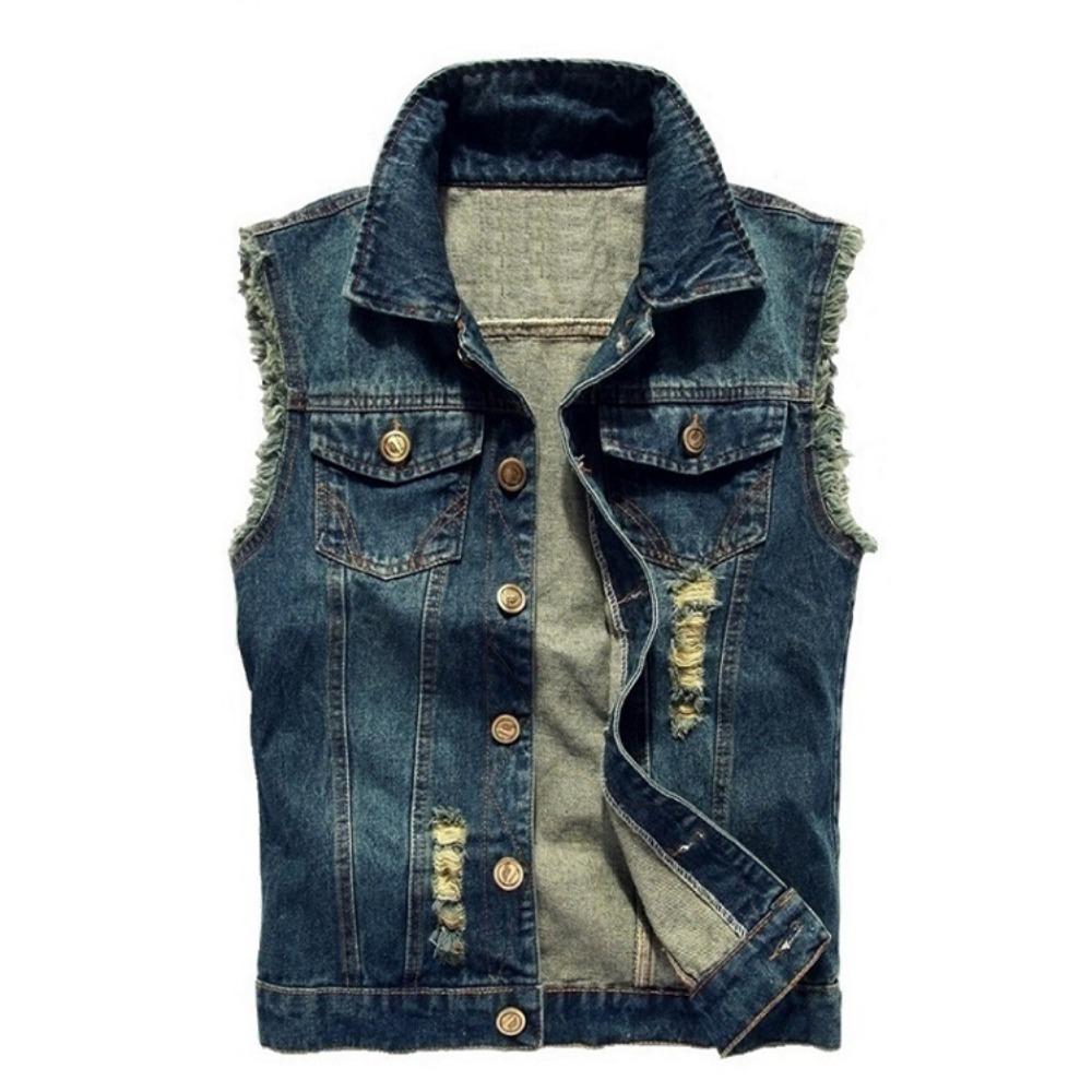 New Spring Autumn Vintage Design Men's Denim Vest Male Black Sleeveless Jackets Men Hole Jeans Waistcoat 6XL