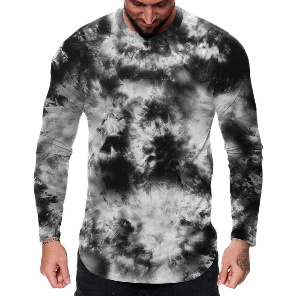 Spring and Autumn Round Neck 3D Tie Dye Printed T-shirts Fashionable Casual Long Sleeved Men's T-shirts