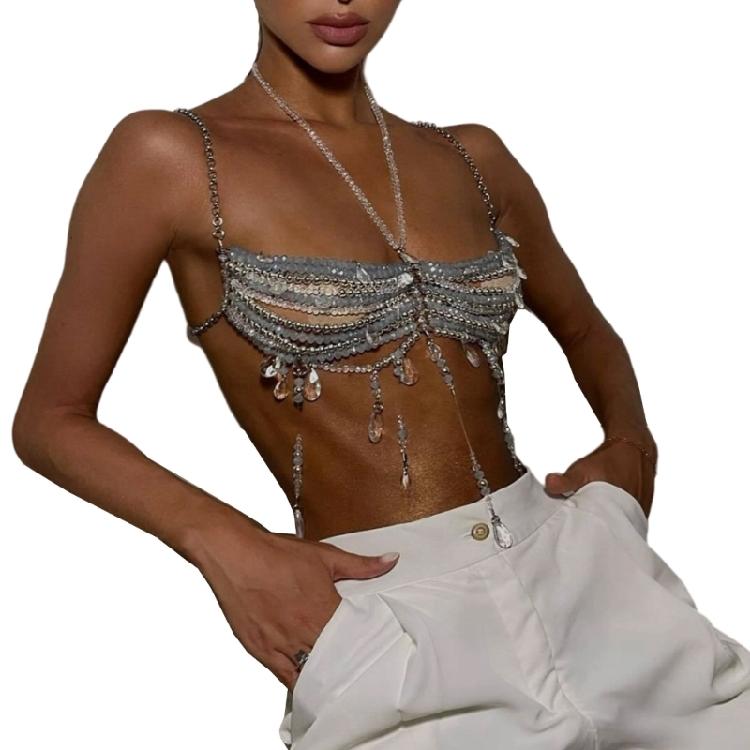 Crystal Beaded Tassels Layered Necklace Halter Neck Chest Chain Shimmering Body Jewelry Camisole Bralette For Women 1