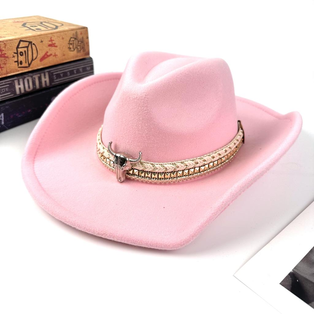 New Western Cowboy Hat Men'S And Women'S Bullhead Peachheart Top Woolen Jazz Hat Big Edge Top Hat
