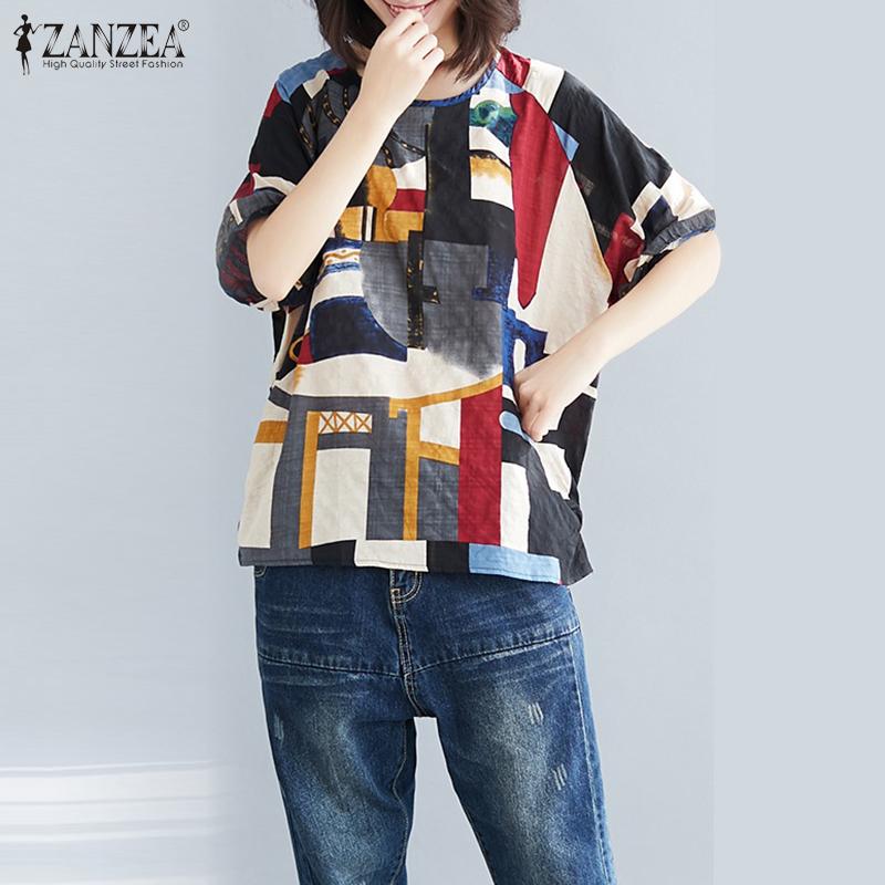 ZANZEA Ethnic Women Summer O Neck Half Sleeve Floral Print Blouse Casual Loose T-Shirt Tops