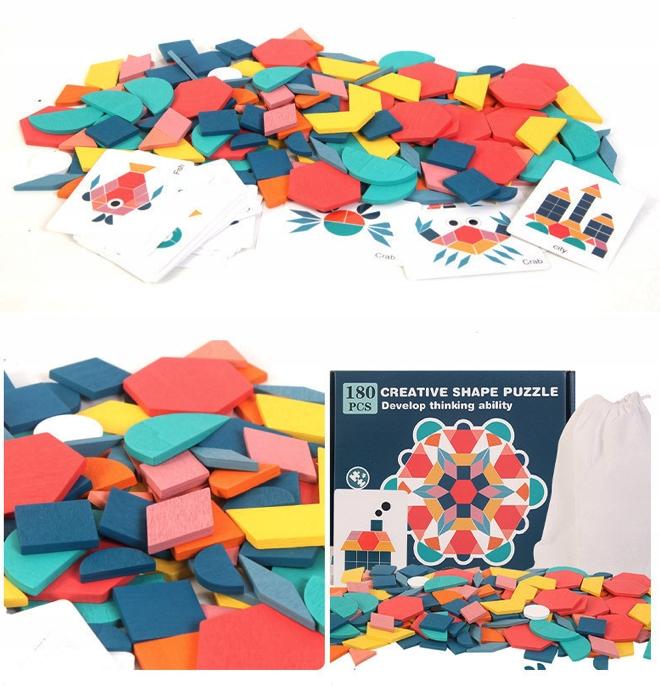 Drewniane Puzzle Do Układania Klocki Tangram Zestaw Montessori Woreczek