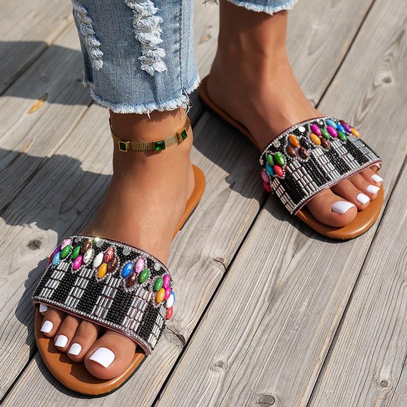 Fashion Fashion Shiny Sequins Square Heel Slides Women Beach Comfortable Low Heel Slippers Female New Weightlight Soft Sole Sandal Mujer
