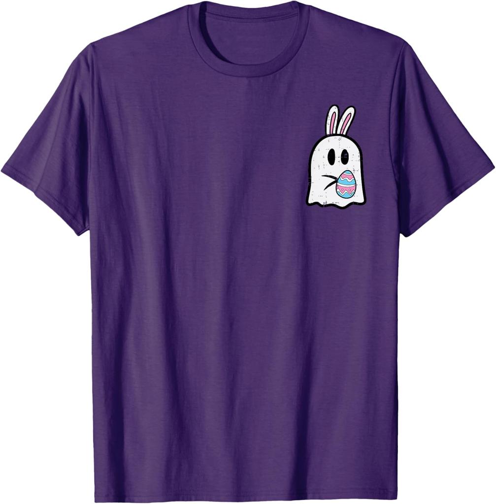 Easter Ghost Bunny Pocket Funny Egg Graphic Tee Soft Cotton Casual T-Shirt for Men Women