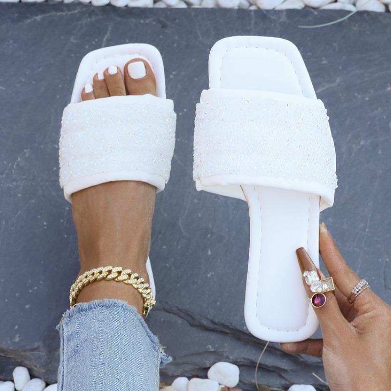 

Модные шлепанцы на плоской подошве для женщин 2025 лето дизайнерские большой размер стразы шлепанцы женская мода повседневные туфли-шлепанцы с пайетками женщина 36 грязно-белый