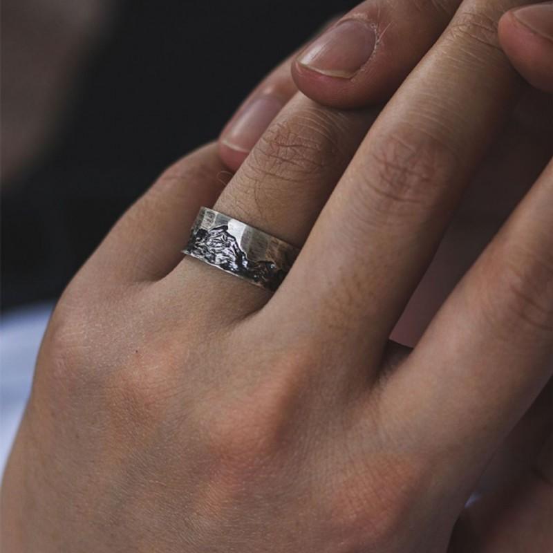 Adjustable Open Ring Men Women Vintage Mountain Texture Geometric Copper Band Retro Style Statement Jewelry