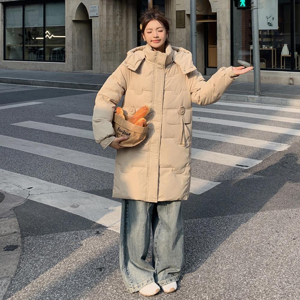 

Fashion down padded clothes women s medium and long loose winter, hooded padded jacket M хаки