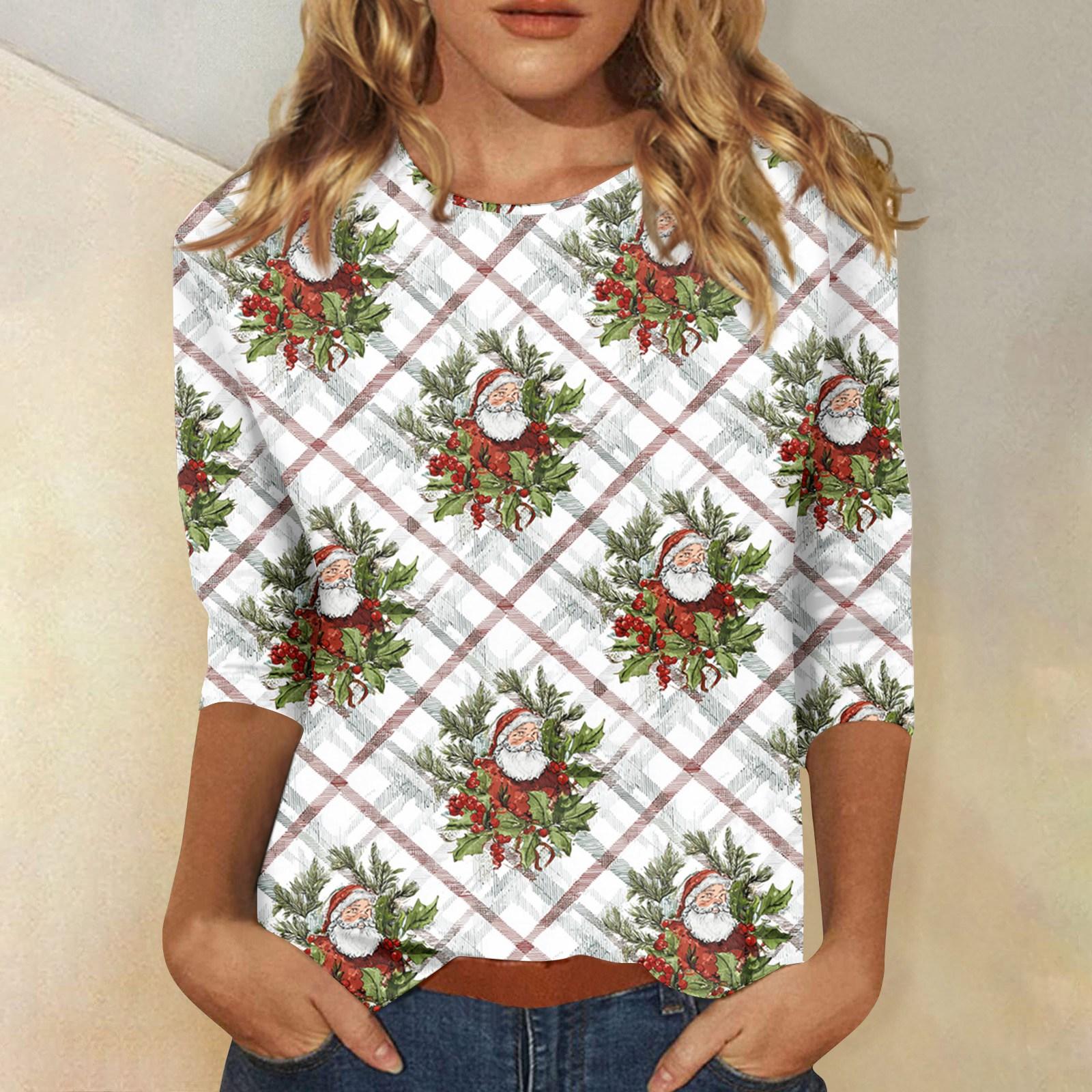 

Женские топы Рубашка с рукавом три четверти V-образный вырез Свободная повседневная рубашка Футболка с принтом XL белый