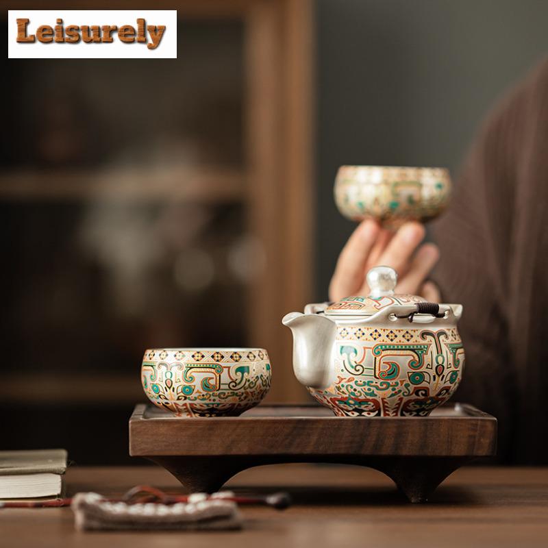 Vergoldetes Silber Völlerei Muster Tee-Set Komplettset Zen Teezeremonie Set Teebereiter Teekanne und Teetasse Set Chinesisches Tee-Set Geschenk