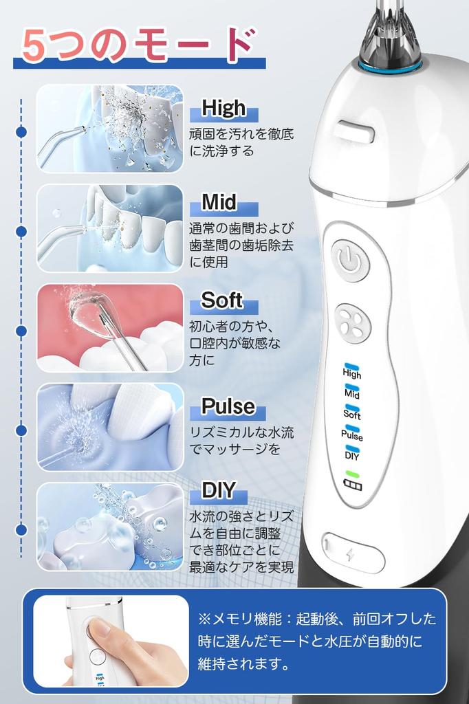 Cordless Oral Irrigator Jet Washer with 5 Water Flow Modes, 6 Replacement Nozzles, Tongue Cleaner, Interdental Brush, 360° Rotating Design, Pulsed