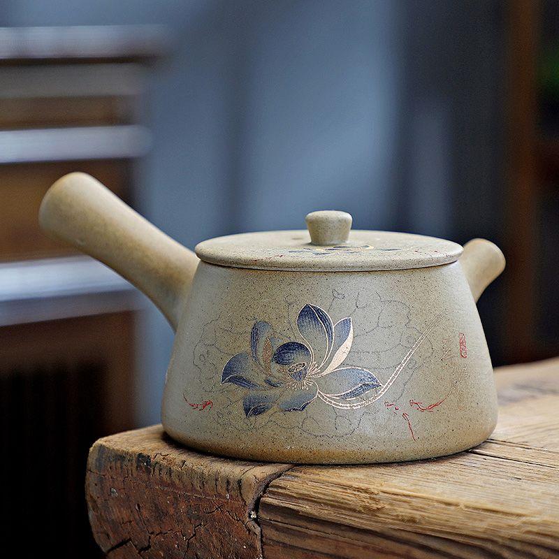 

Coarse Pottery Drinkware,Gongfu Tea Set, Zisha Teapot, Old Clay Pot, Vintage LotusTeapot, Household Office Handle Drink Set