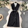 New 2024 Autumn Winter Black Knitted Sweater Tops Suits For Women Notched Collar Sleeveless Tank Double-Breasted Belt Dress Sets