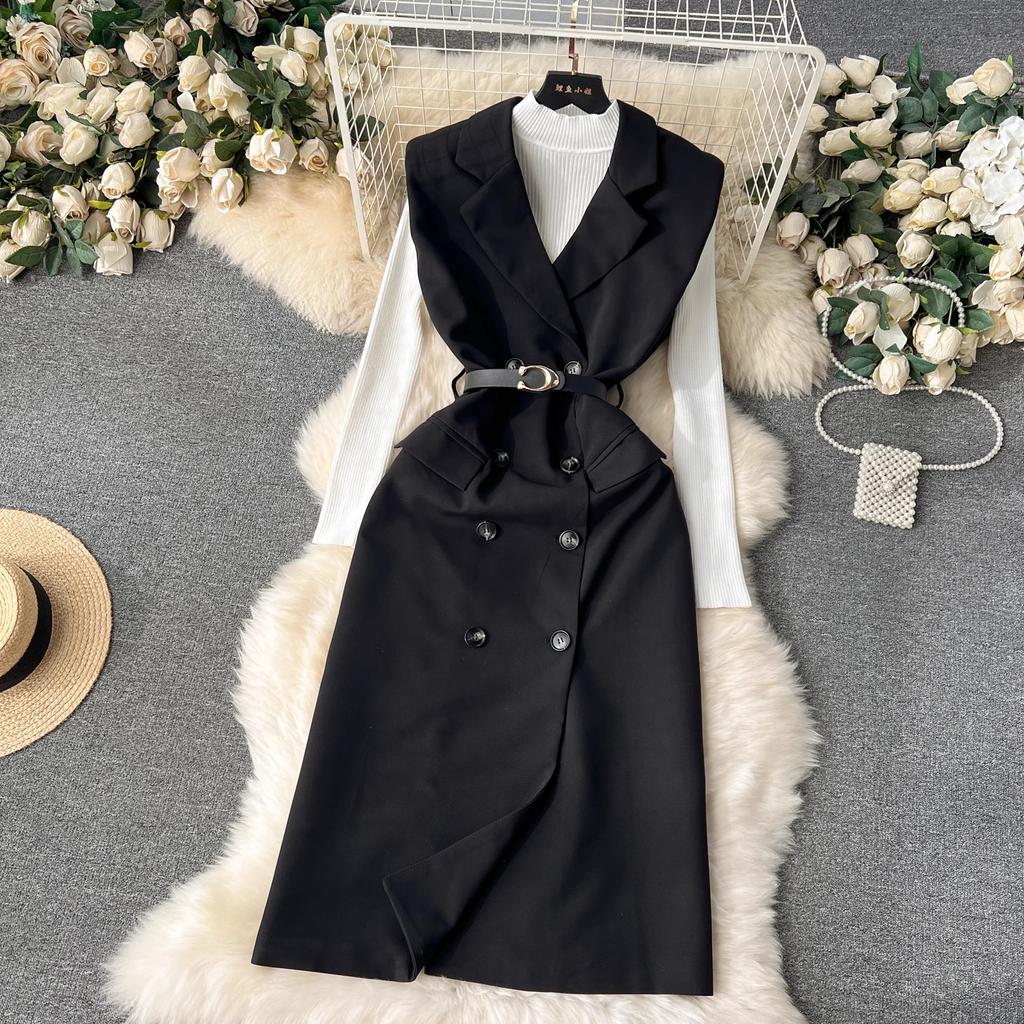 New 2024 Autumn Winter Black Knitted Sweater Tops Suits For Women Notched Collar Sleeveless Tank Double-Breasted Belt Dress Sets