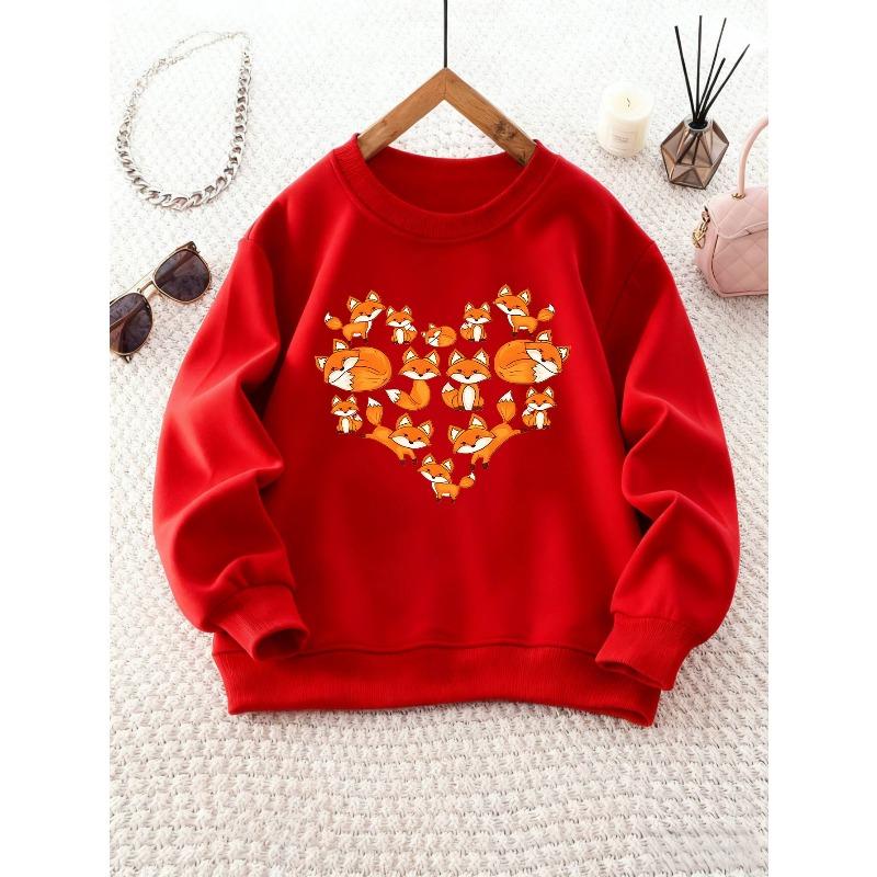 Kids Crewneck Sweatshirt, Fox & Heart Print Casual Fit Long Sleeve Top for Fall Winter Outings