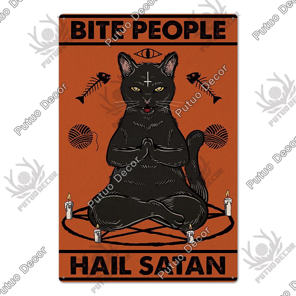 Putuo Decor Halloween Schwarze Katze Vintage Metallschild Plakette Metall Vintage Blechschild für Wohnzimmer Tür Tierhandlung Wanddekoration